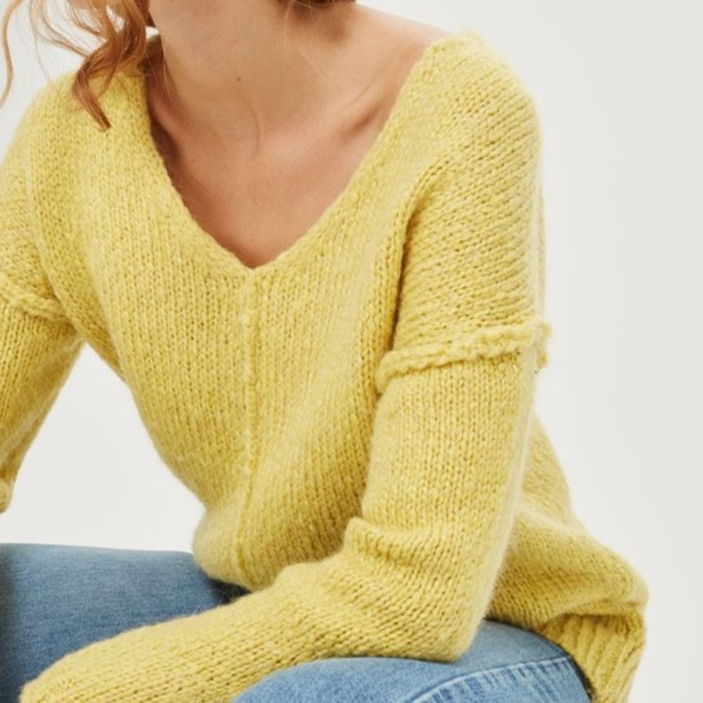Topshop Yellow Knit Wool Blend V-Neck Sweater